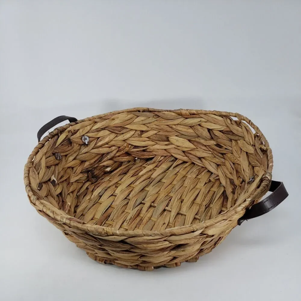 Woven Basket Vintage Rustic Metal Frame Round Riveted Vinyl Handles Pre-Owned
